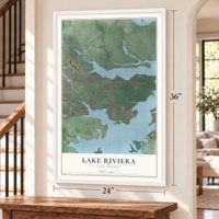 Lake Riviera, New Jersey map, 24 x 36 inch print in a white frame by a staircase
