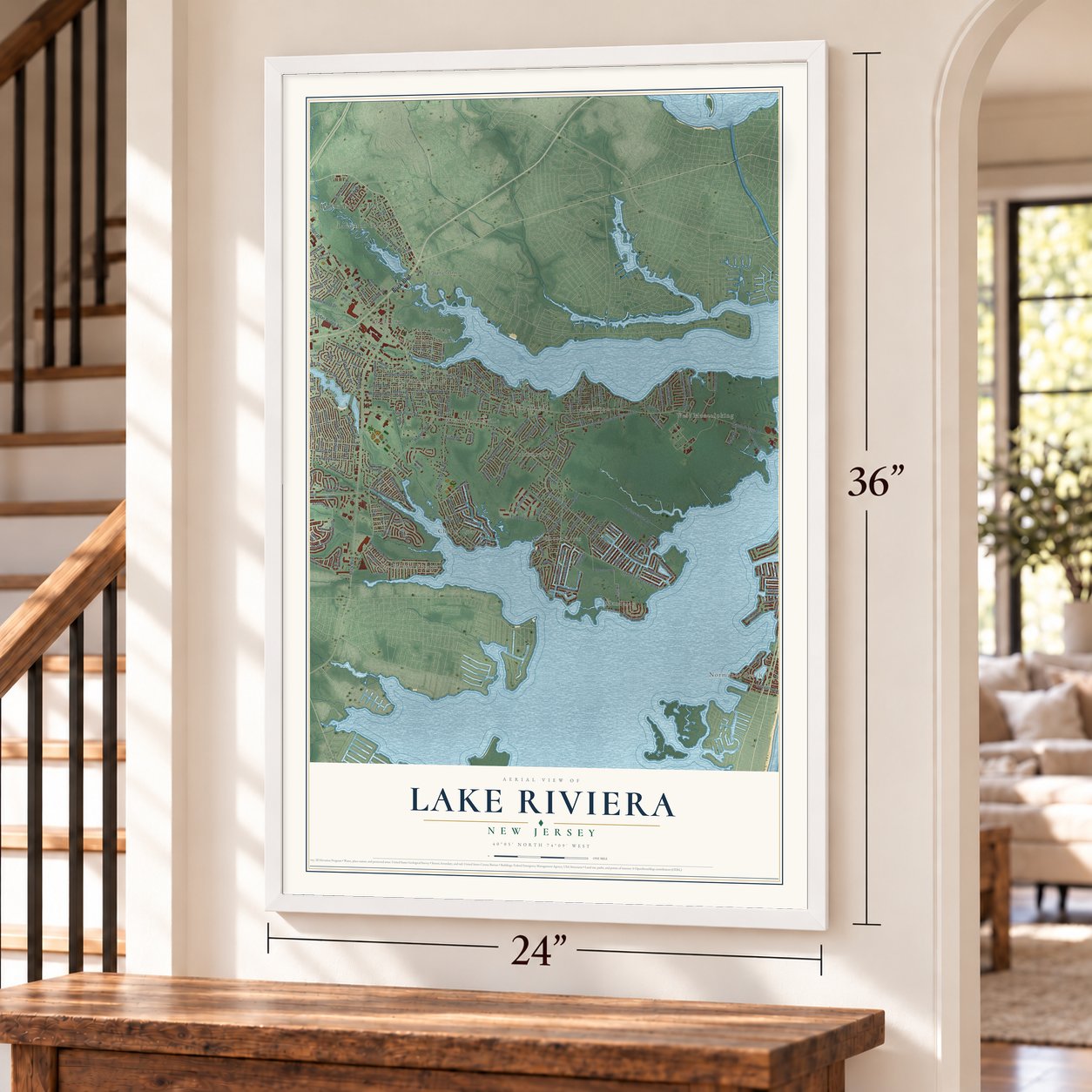 Lake Riviera, New Jersey map, 24 x 36 inch print in a white frame by a staircase