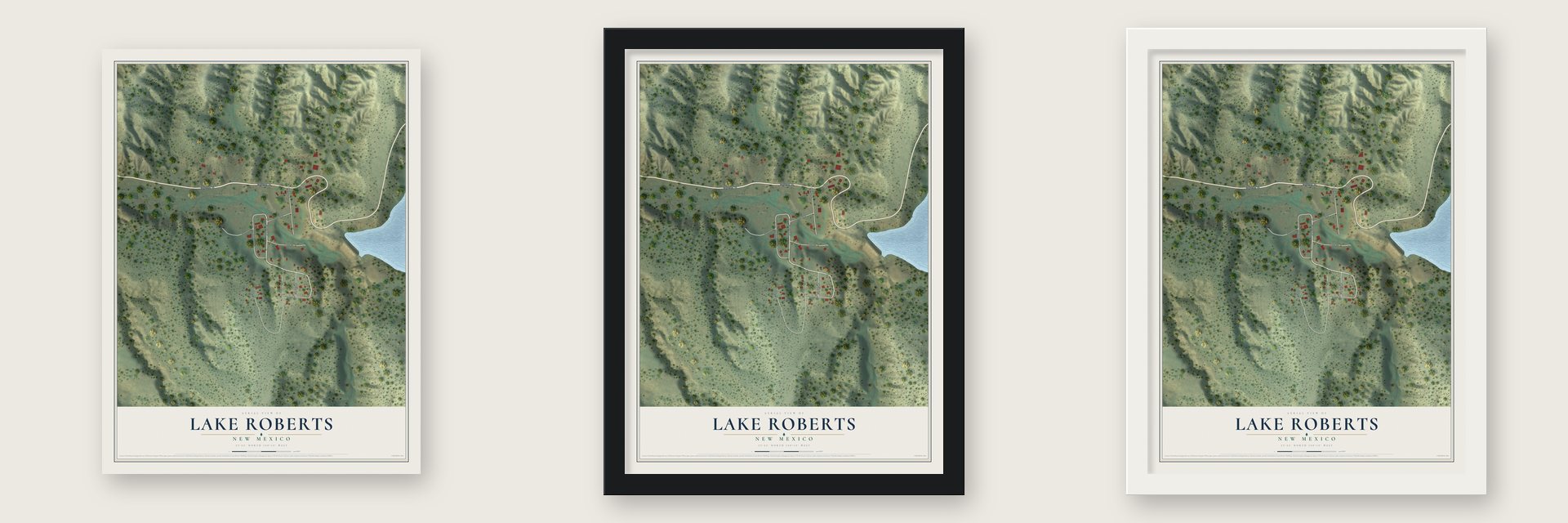 Lake Roberts, New Mexico map unframed, in a black wood frame and in a white wood frame