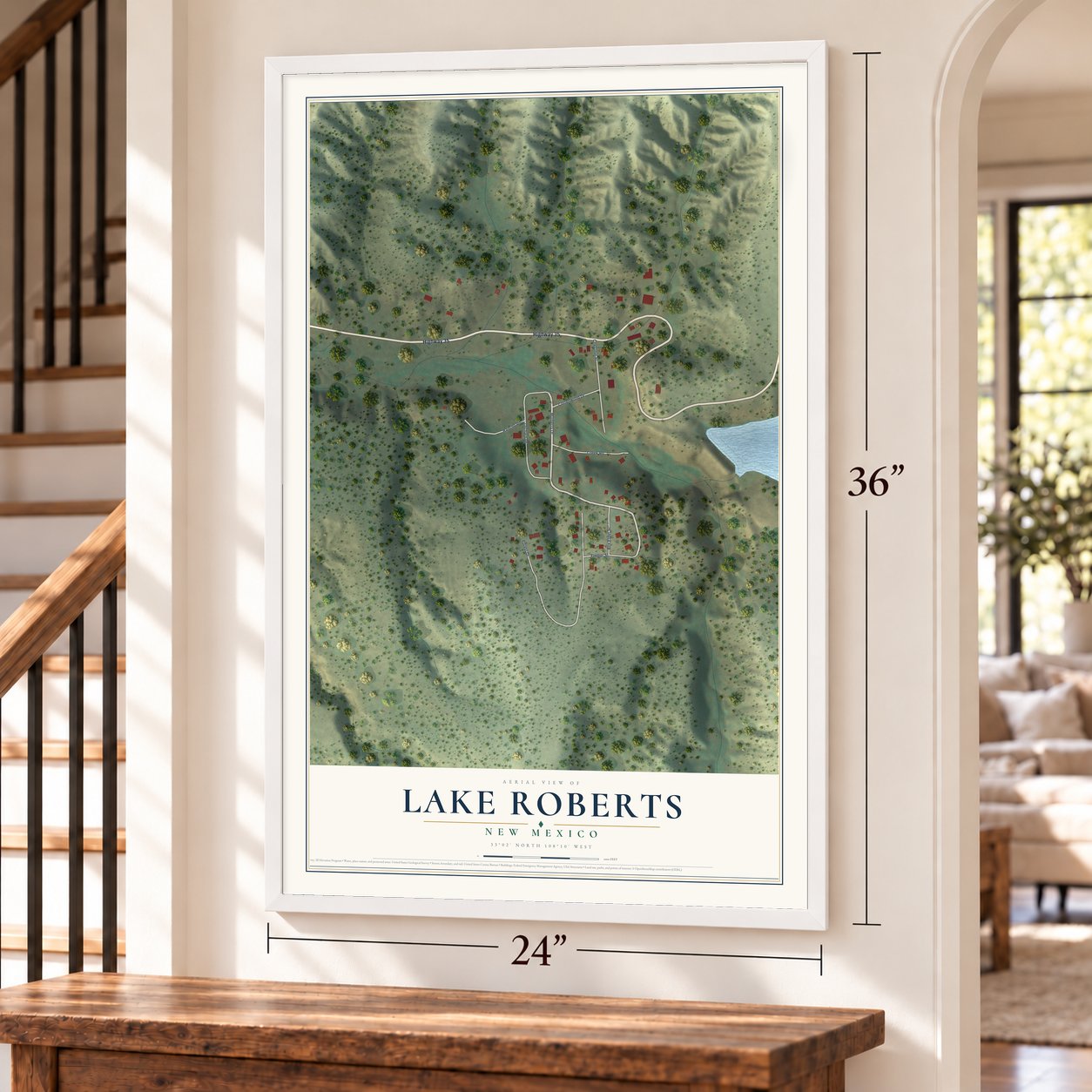 Lake Roberts, New Mexico map, 24 x 36 inch print in a white frame by a staircase