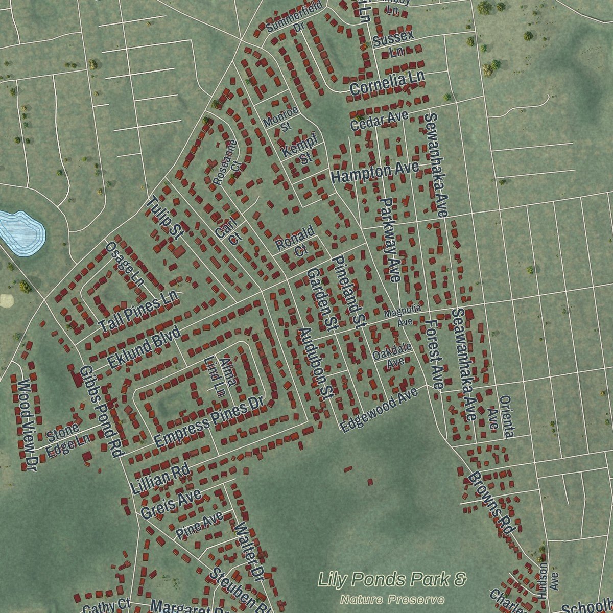 Second close-up of the map of Lake Ronkonkoma, New York print showing more streets and buildings