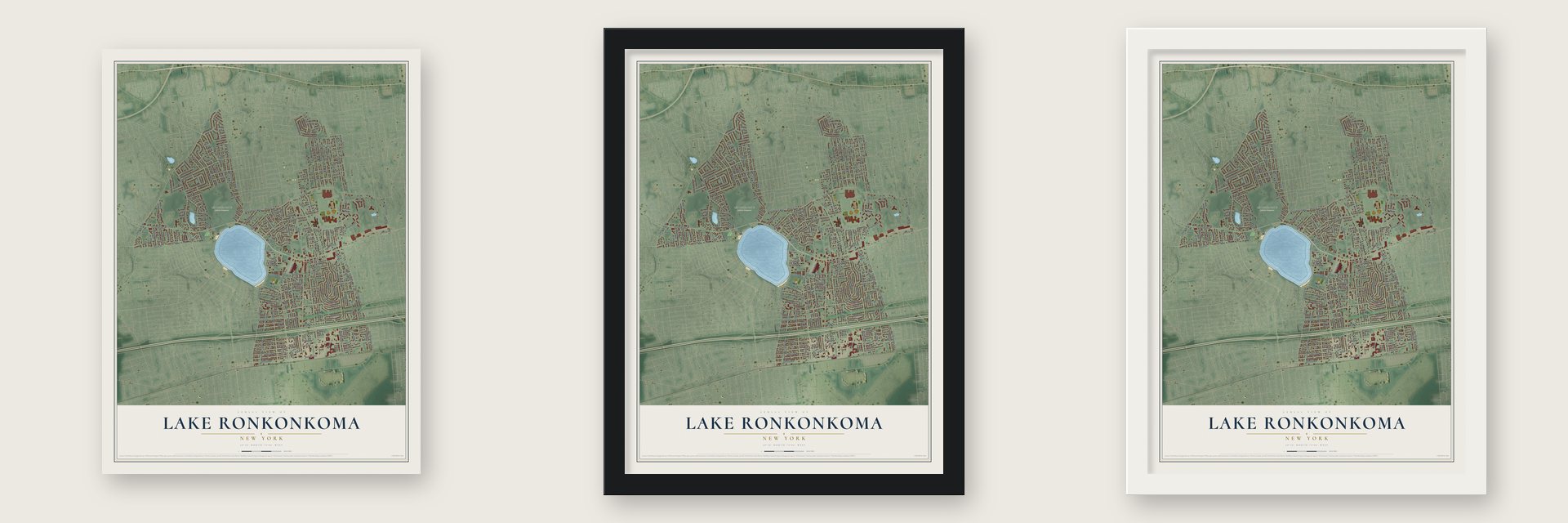 Lake Ronkonkoma, New York map unframed, in a black wood frame and in a white wood frame