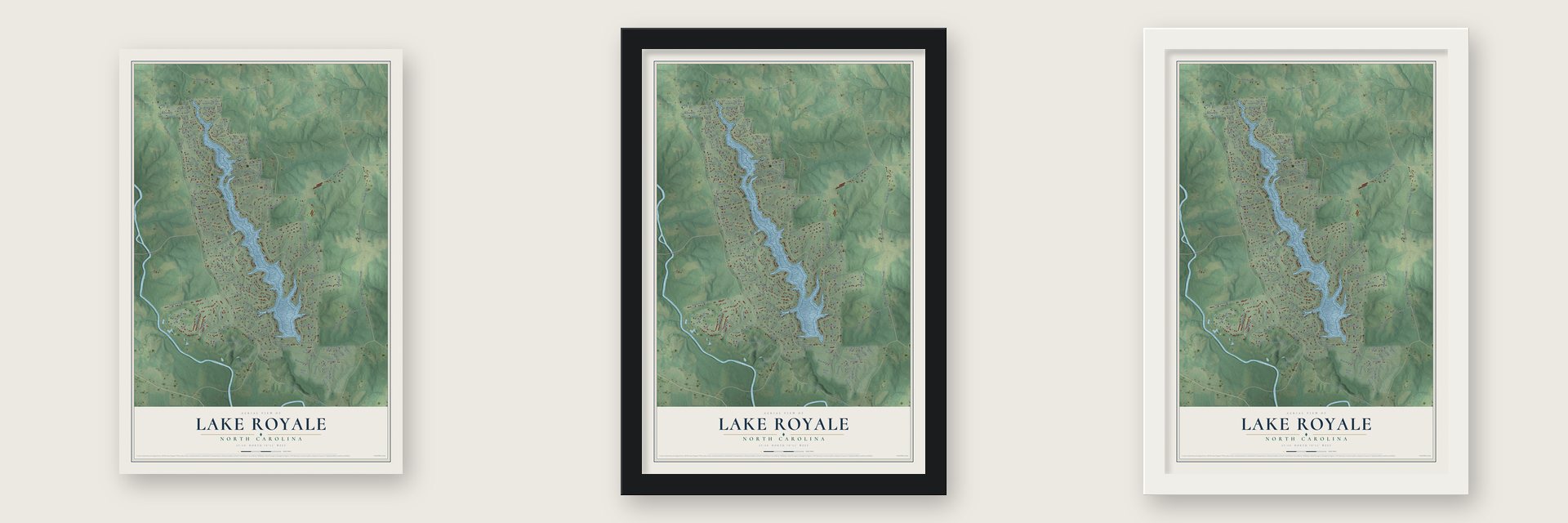 Lake Royale, North Carolina map unframed, in a black wood frame and in a white wood frame