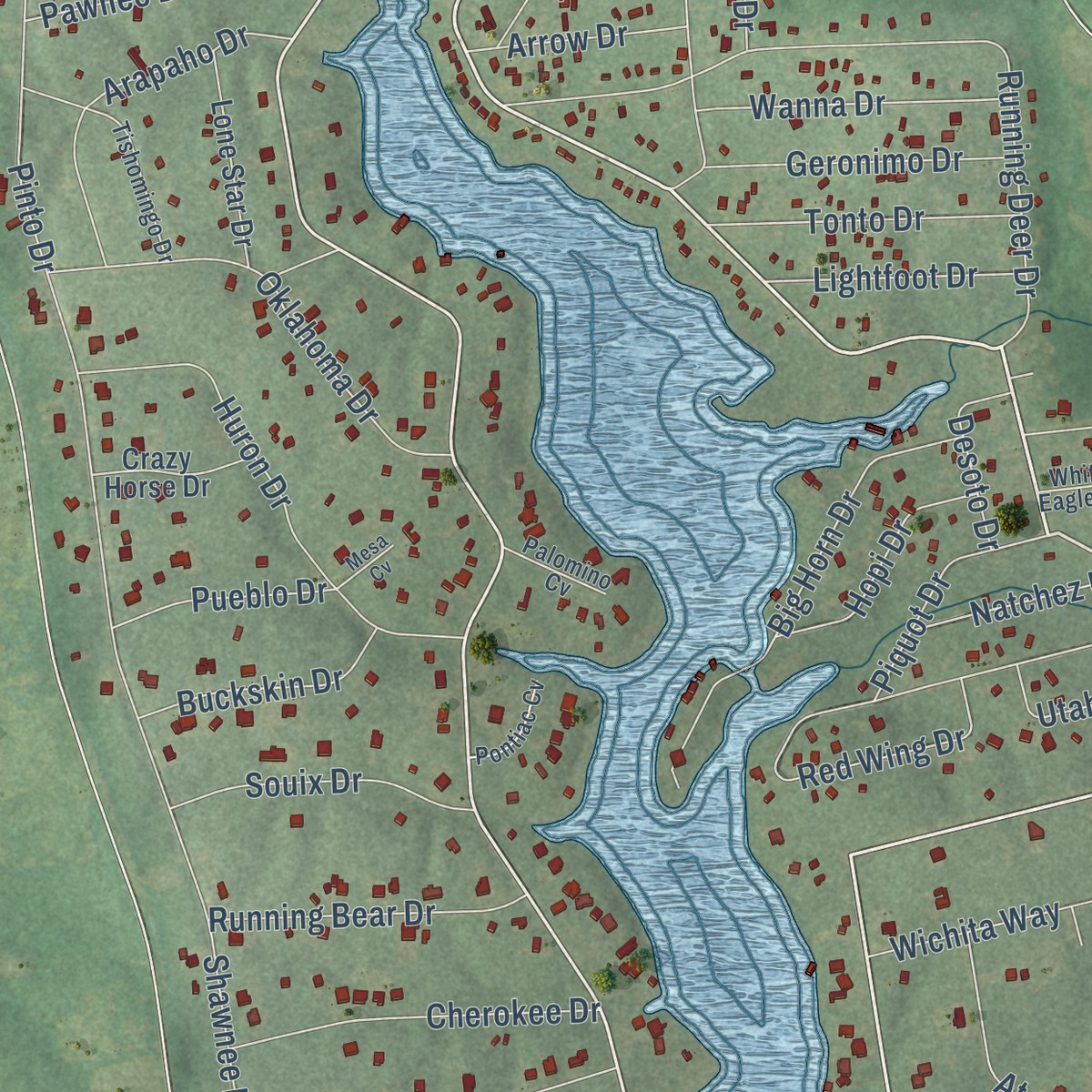 Second close-up of the map of Lake Royale, North Carolina print showing more streets and buildings