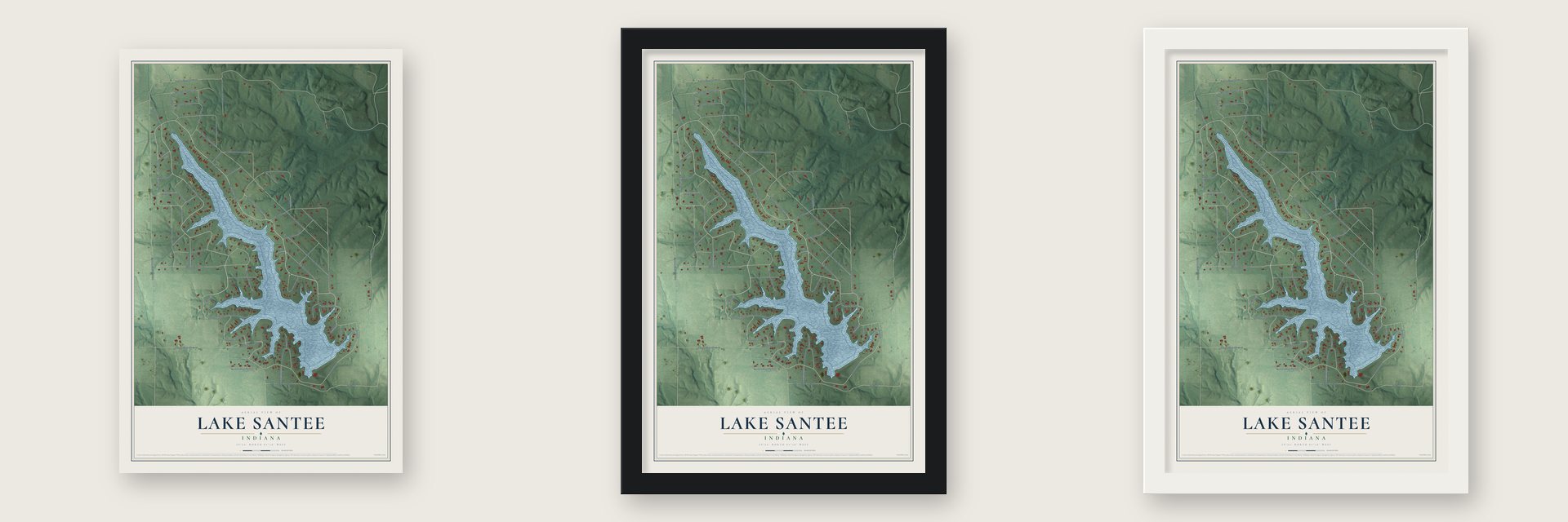 Lake Santee, Indiana map unframed, in a black wood frame and in a white wood frame
