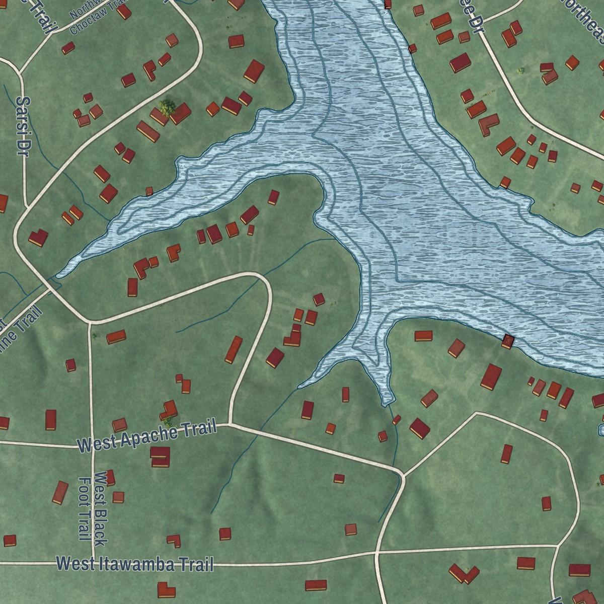 Second close-up of the map of Lake Santee, Indiana print showing more streets and buildings
