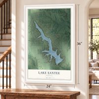 Lake Santee, Indiana map, 24 x 36 inch print in a white frame by a staircase