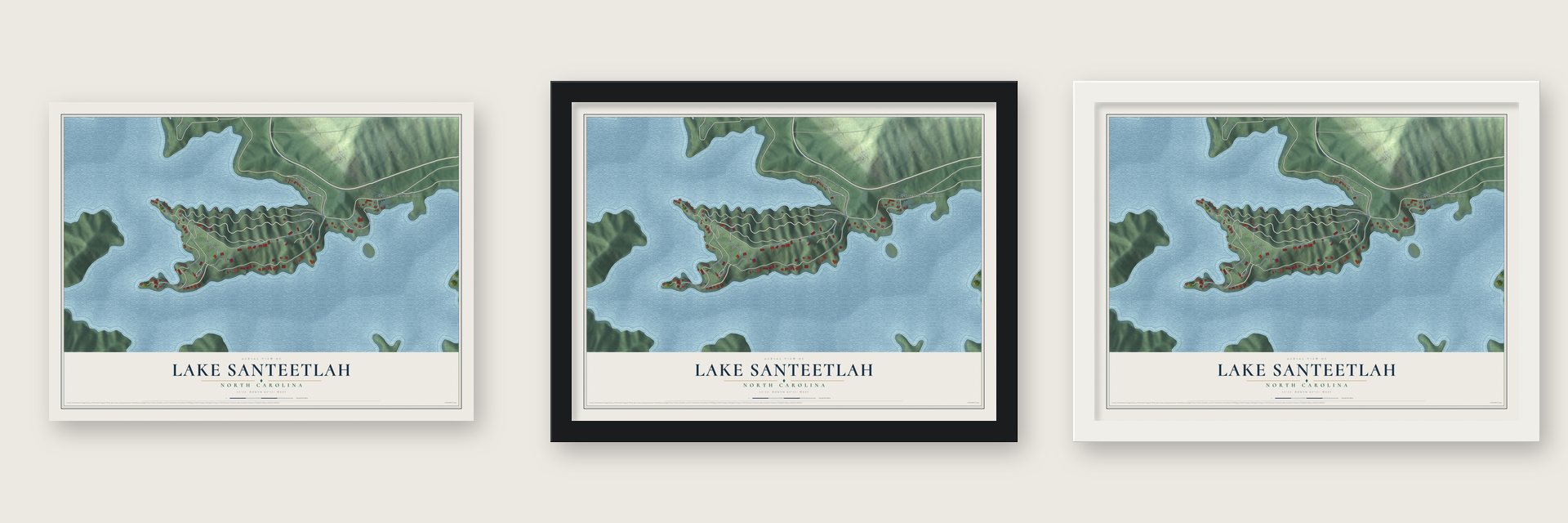 Lake Santeetlah, North Carolina map unframed, in a black wood frame and in a white wood frame