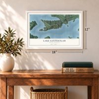 Lake Santeetlah, North Carolina map, 12 x 18 inch print in a white frame in an entryway