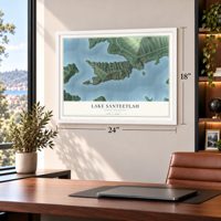 Lake Santeetlah, North Carolina map, 18 x 24 inch print in a white frame in a home office
