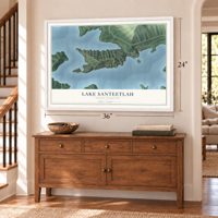 Lake Santeetlah, North Carolina map, 24 x 36 inch print in a white frame above a dresser by a staircase