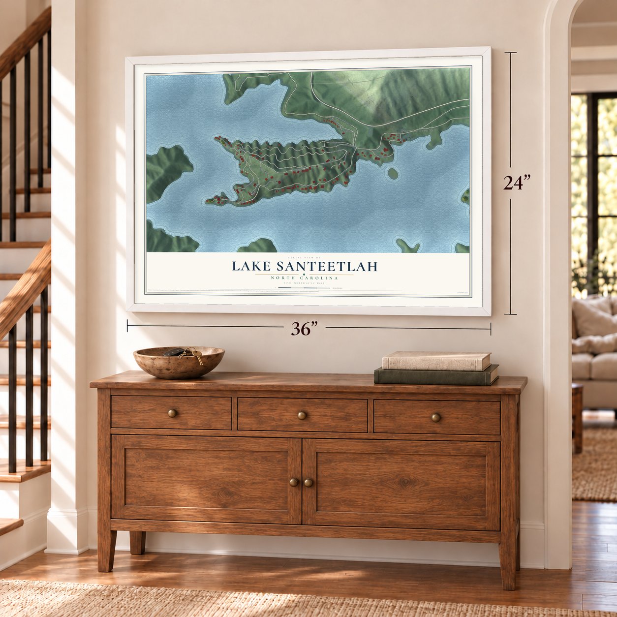 Lake Santeetlah, North Carolina map, 24 x 36 inch print in a white frame above a dresser by a staircase