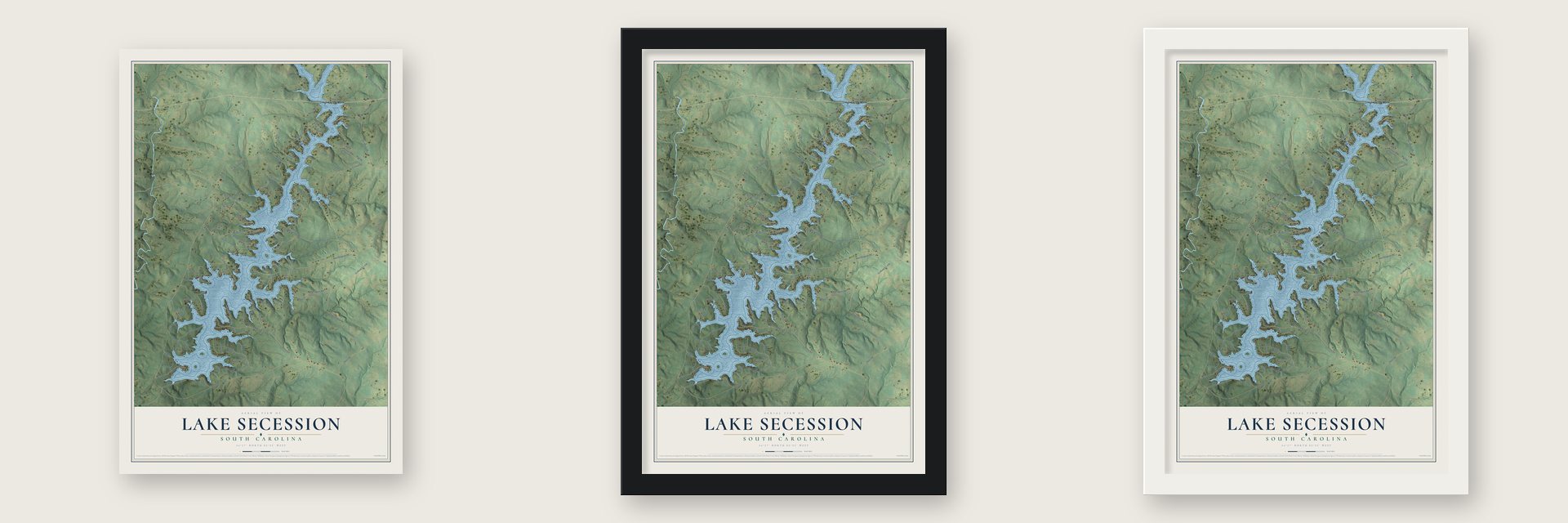 Lake Secession, South Carolina map unframed, in a black wood frame and in a white wood frame