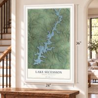 Lake Secession, South Carolina map, 24 x 36 inch print in a white frame by a staircase