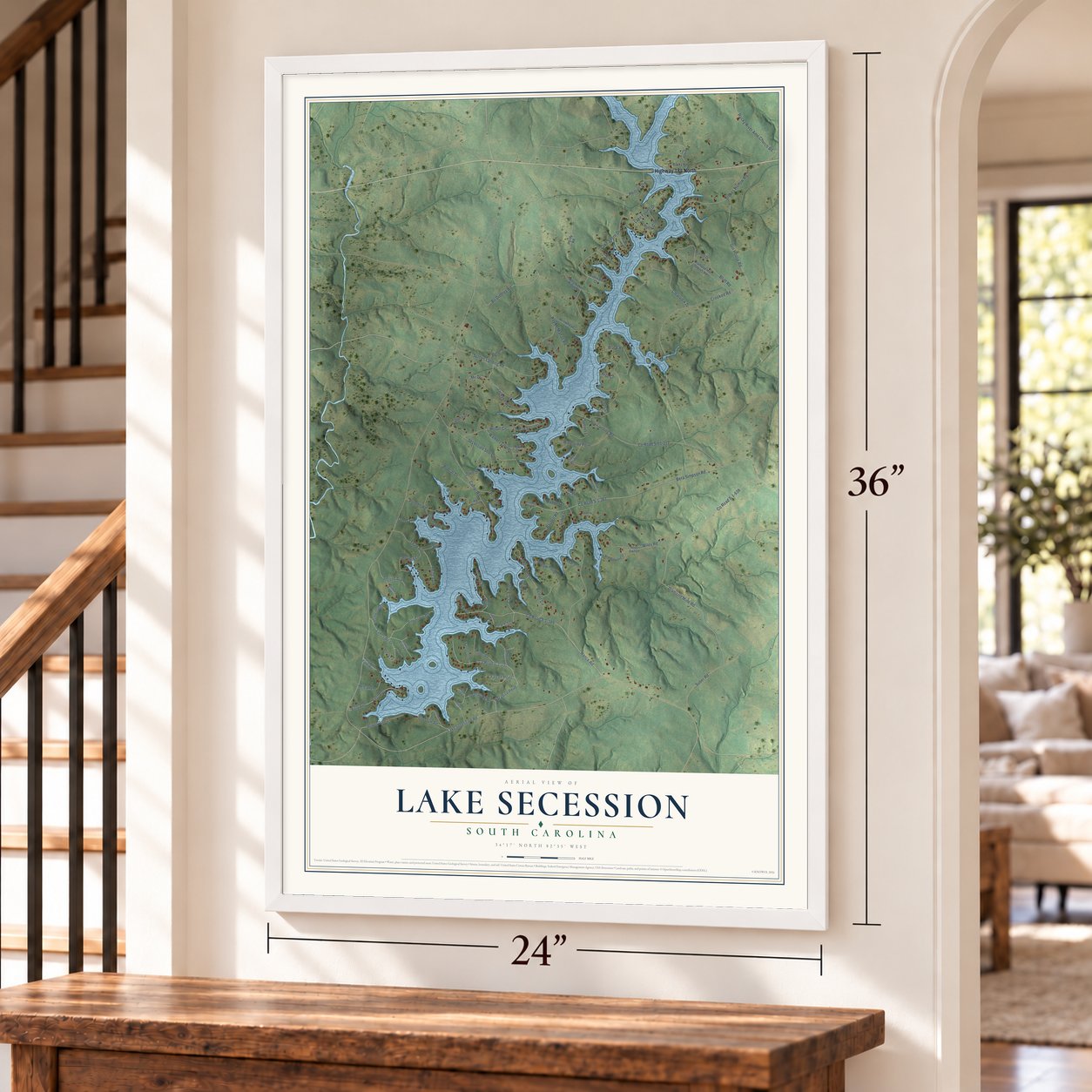 Lake Secession, South Carolina map, 24 x 36 inch print in a white frame by a staircase
