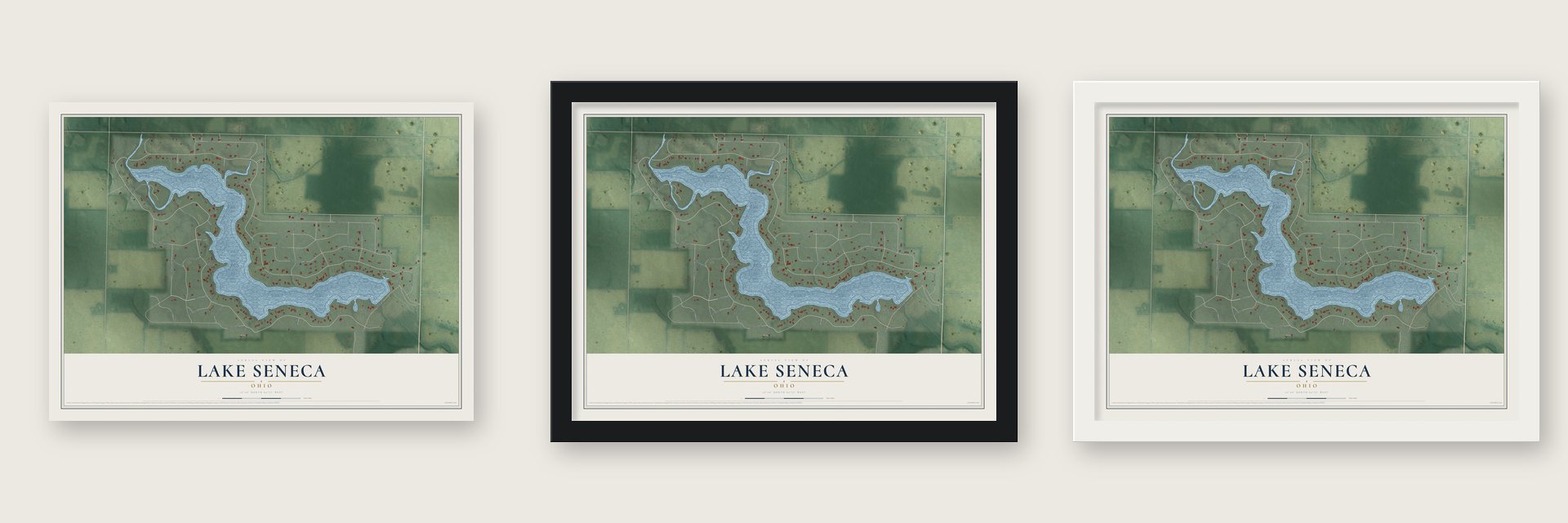 Lake Seneca, Ohio map unframed, in a black wood frame and in a white wood frame