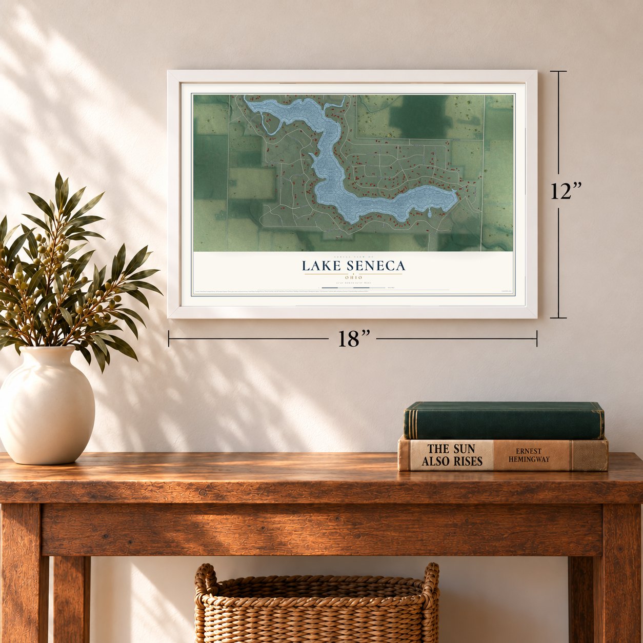 Lake Seneca, Ohio map, 12 x 18 inch print in a white frame in an entryway