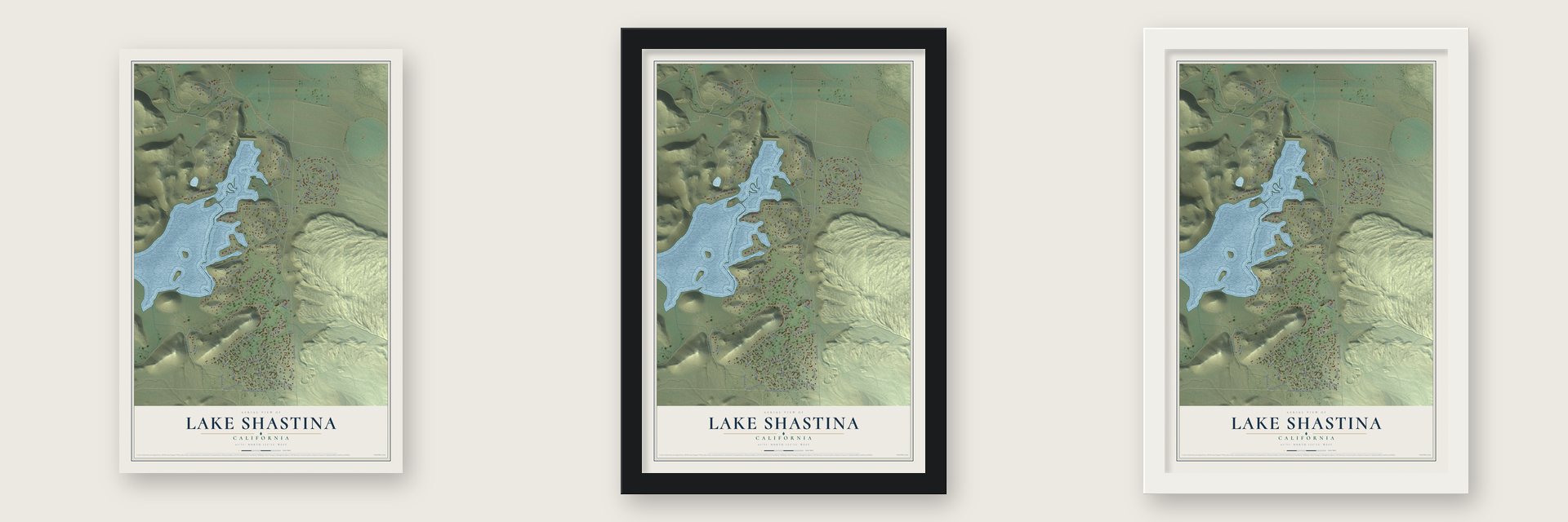 Lake Shastina, California map unframed, in a black wood frame and in a white wood frame
