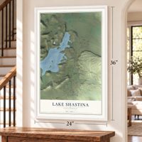Lake Shastina, California map, 24 x 36 inch print in a white frame by a staircase