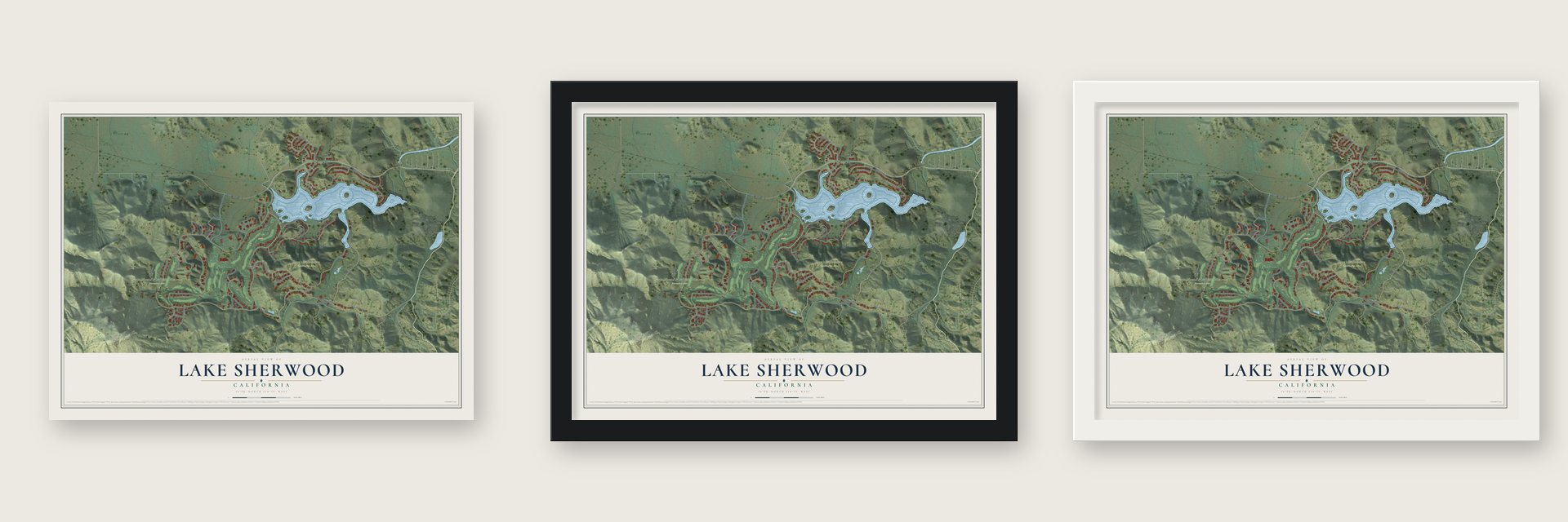 Lake Sherwood, California map unframed, in a black wood frame and in a white wood frame