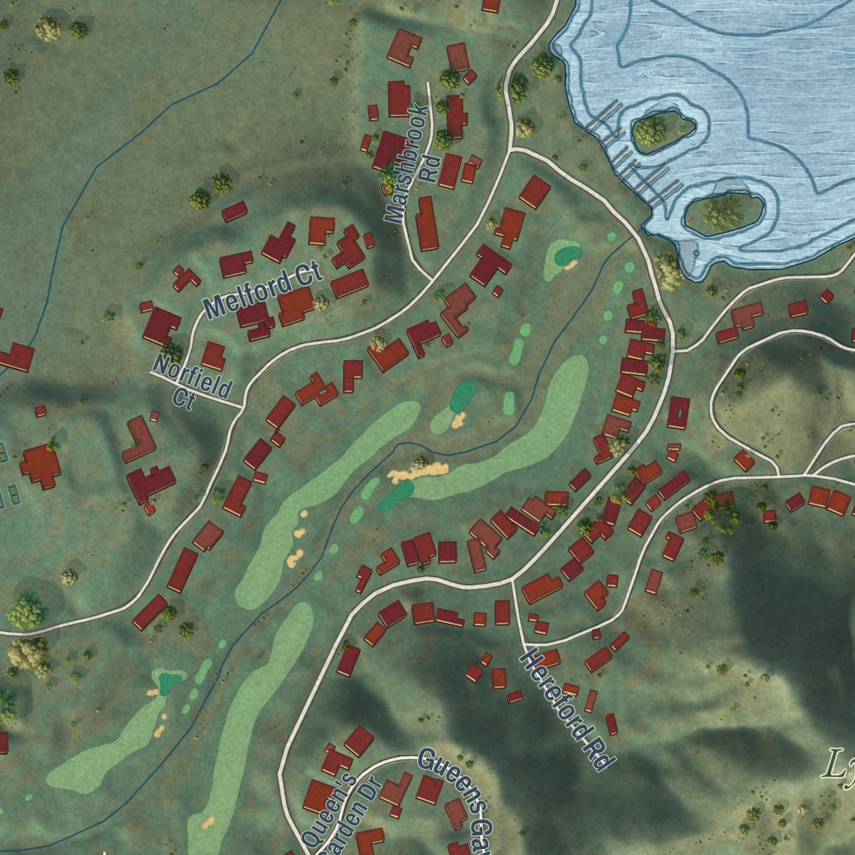 Second close-up of the map of Lake Sherwood, California print showing more streets and buildings
