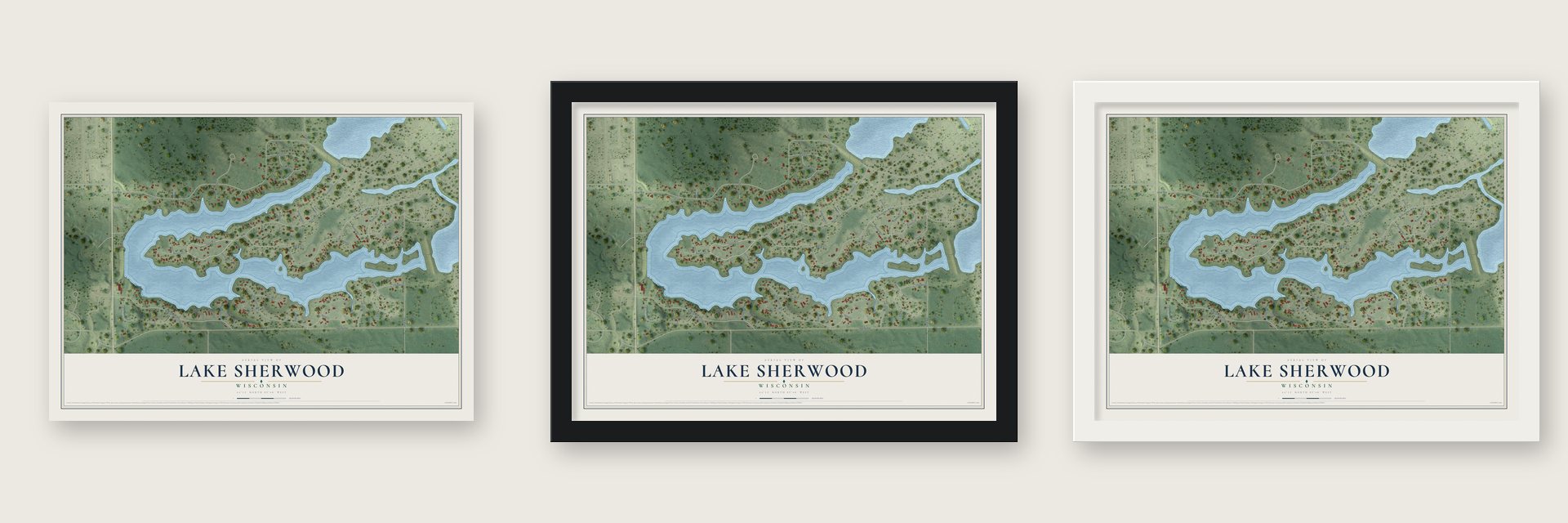 Lake Sherwood, Wisconsin map unframed, in a black wood frame and in a white wood frame