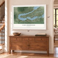 Lake Sherwood, Wisconsin map, 24 x 36 inch print in a white frame above a dresser by a staircase