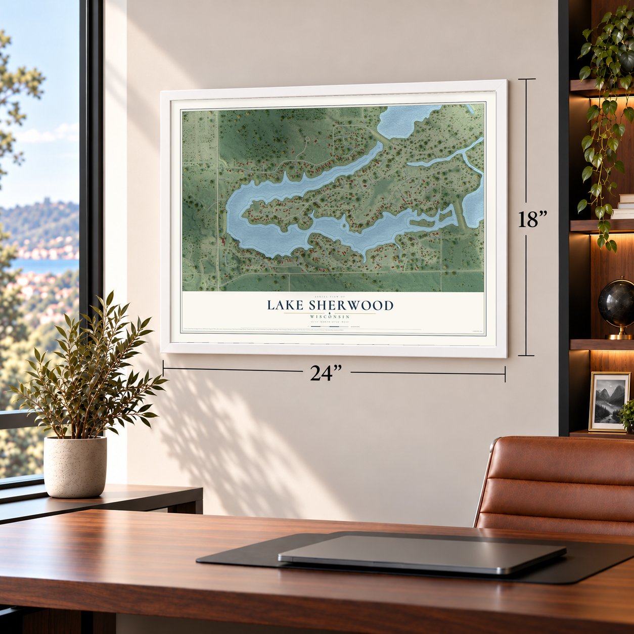 Lake Sherwood, Wisconsin map, 18 x 24 inch print in a white frame in a home office
