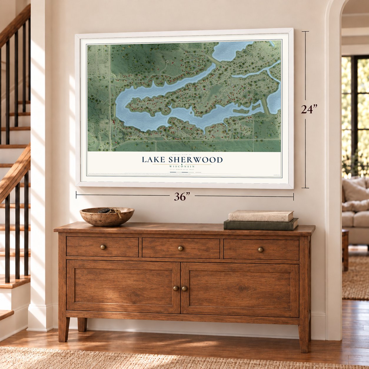 Lake Sherwood, Wisconsin map, 24 x 36 inch print in a white frame above a dresser by a staircase