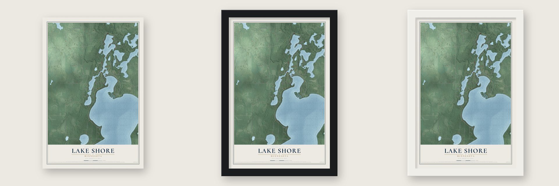 Lake Shore, Minnesota map unframed, in a black wood frame and in a white wood frame