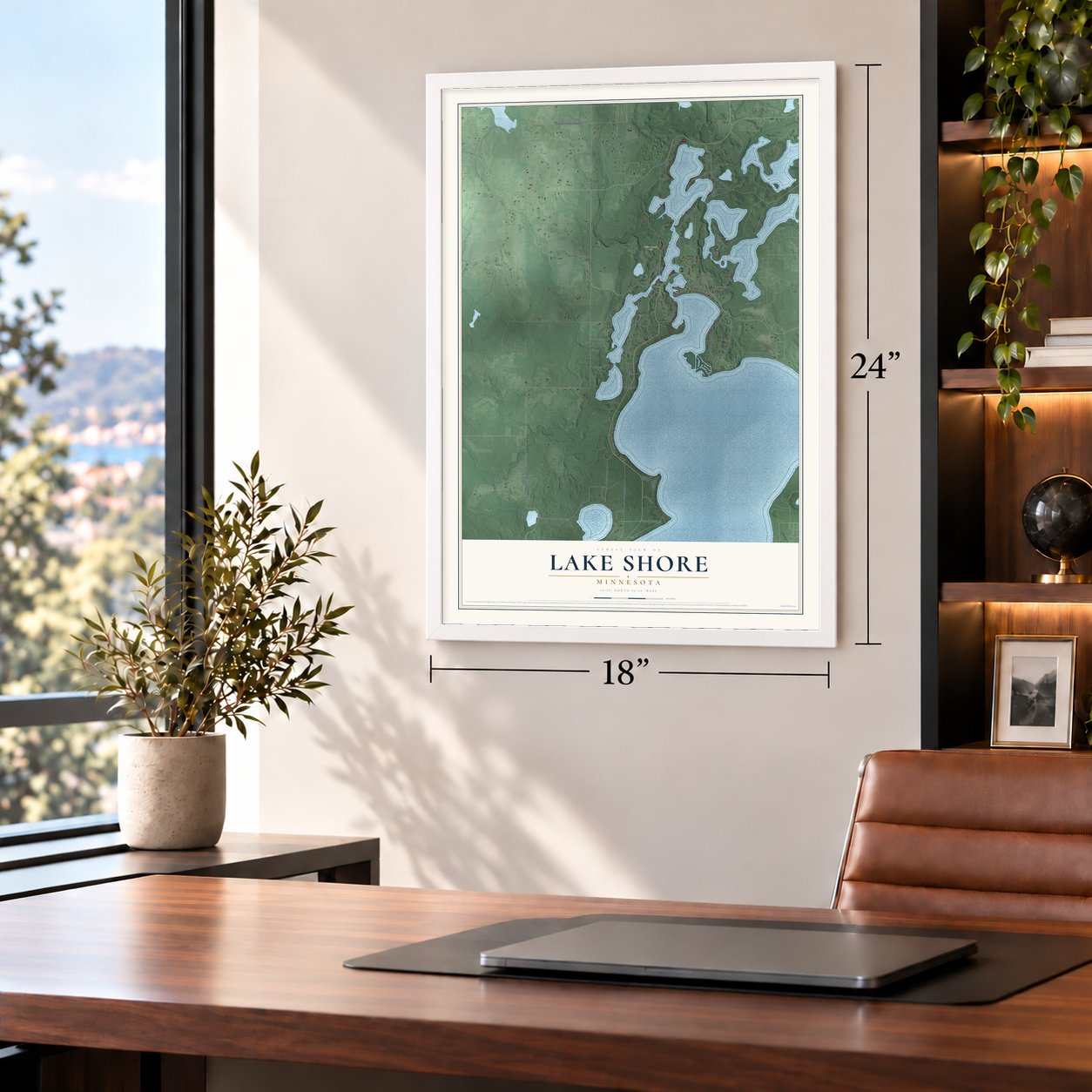 Lake Shore, Minnesota map, 18 x 24 inch print in a white frame in a home office