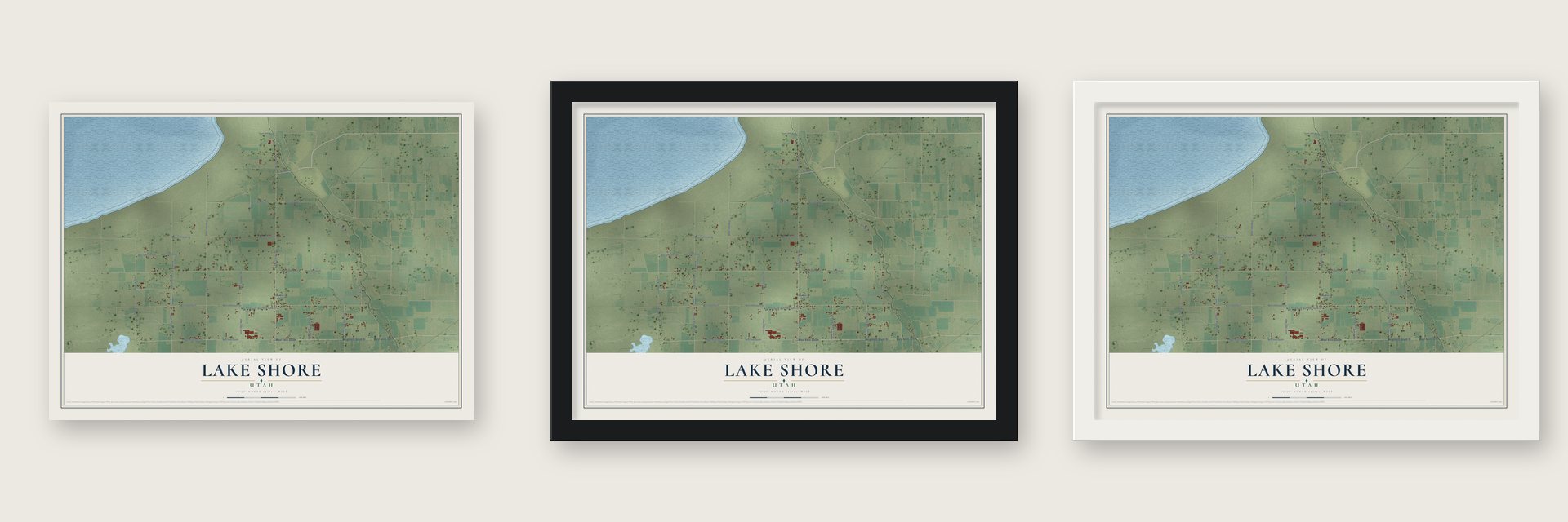 Lake Shore, Utah map unframed, in a black wood frame and in a white wood frame