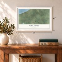 Lake Shore, Utah map, 12 x 18 inch print in a white frame in an entryway