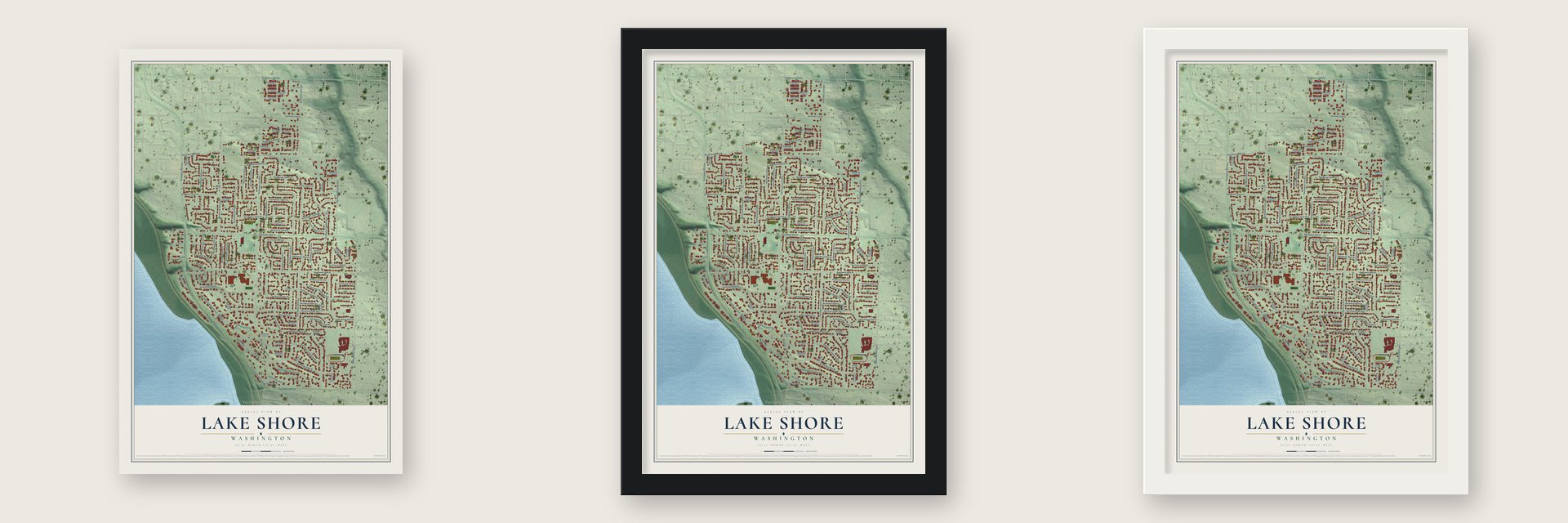 Lake Shore, Washington map unframed, in a black wood frame and in a white wood frame