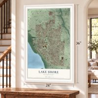 Lake Shore, Washington map, 24 x 36 inch print in a white frame by a staircase