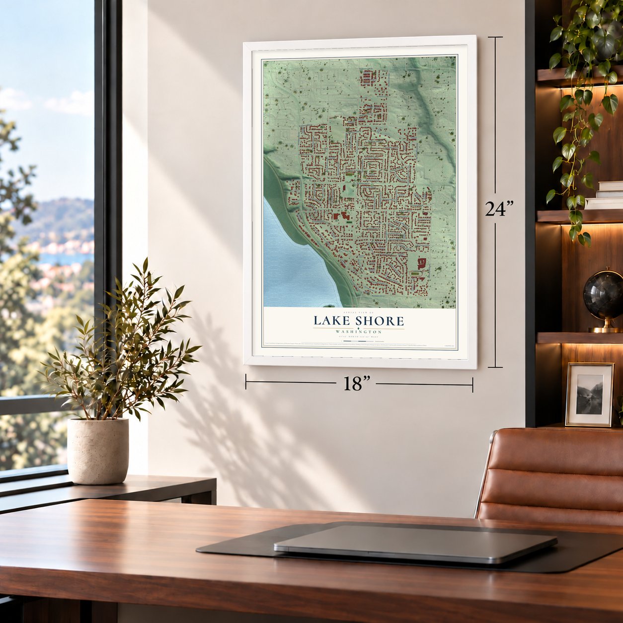 Lake Shore, Washington map, 18 x 24 inch print in a white frame in a home office