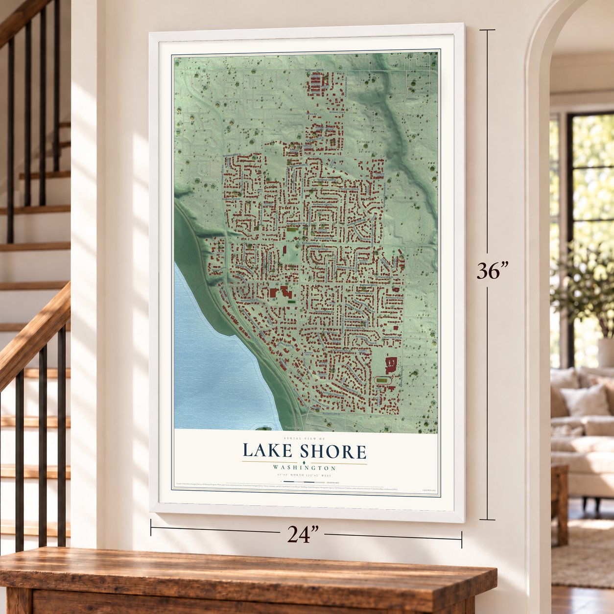 Lake Shore, Washington map, 24 x 36 inch print in a white frame by a staircase