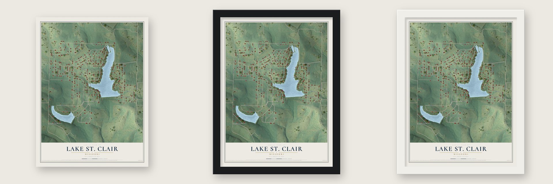 Lake St. Clair, Missouri map unframed, in a black wood frame and in a white wood frame
