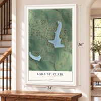 Lake St. Clair, Missouri map, 24 x 36 inch print in a white frame by a staircase