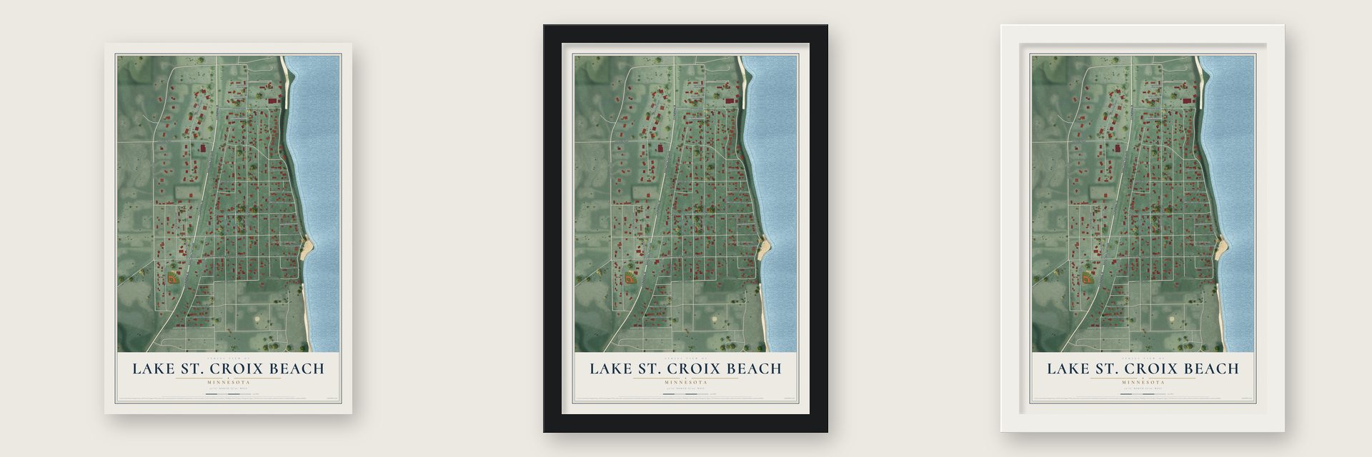 Lake St. Croix Beach, Minnesota map unframed, in a black wood frame and in a white wood frame