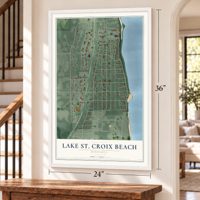 Lake St. Croix Beach, Minnesota map, 24 x 36 inch print in a white frame by a staircase