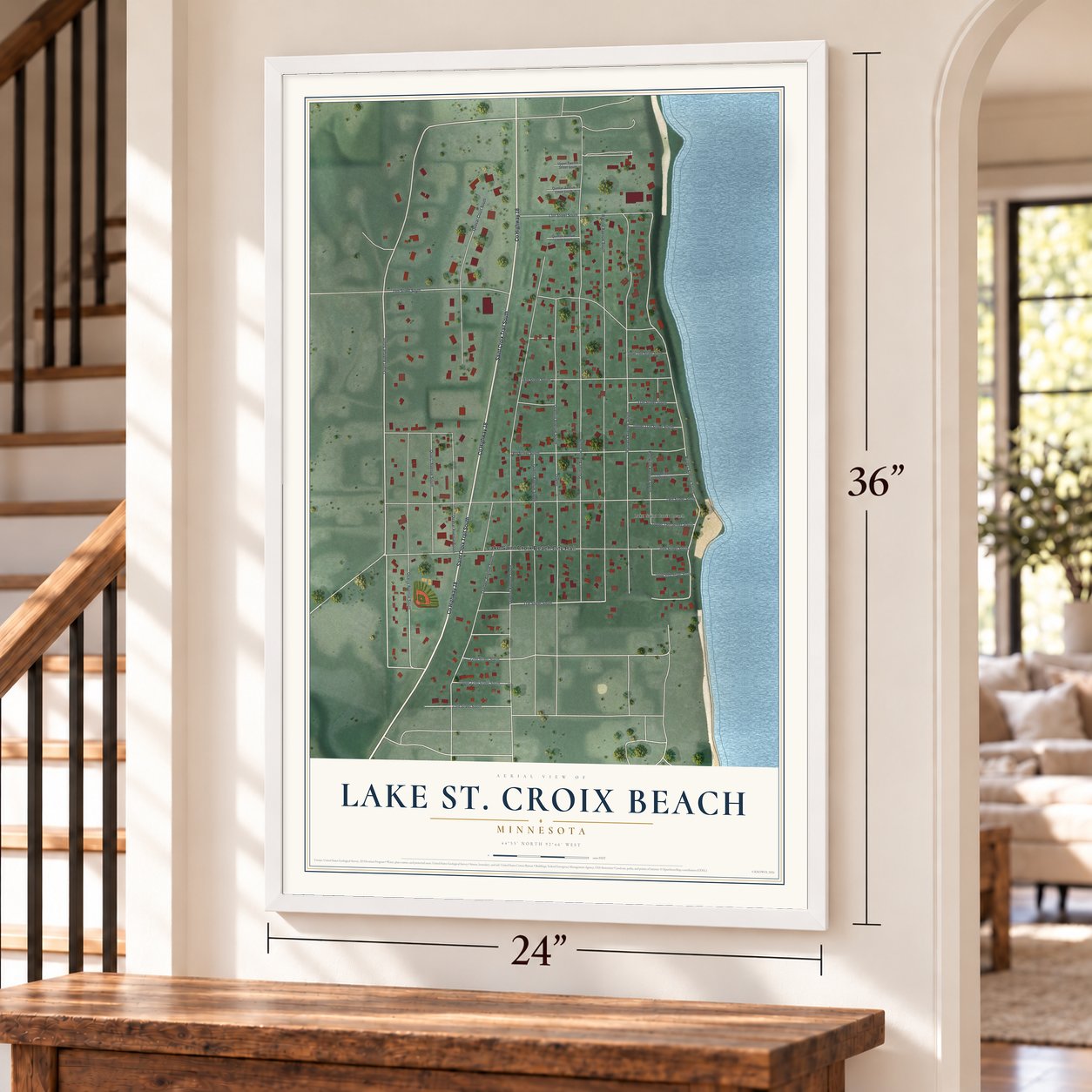 Lake St. Croix Beach, Minnesota map, 24 x 36 inch print in a white frame by a staircase