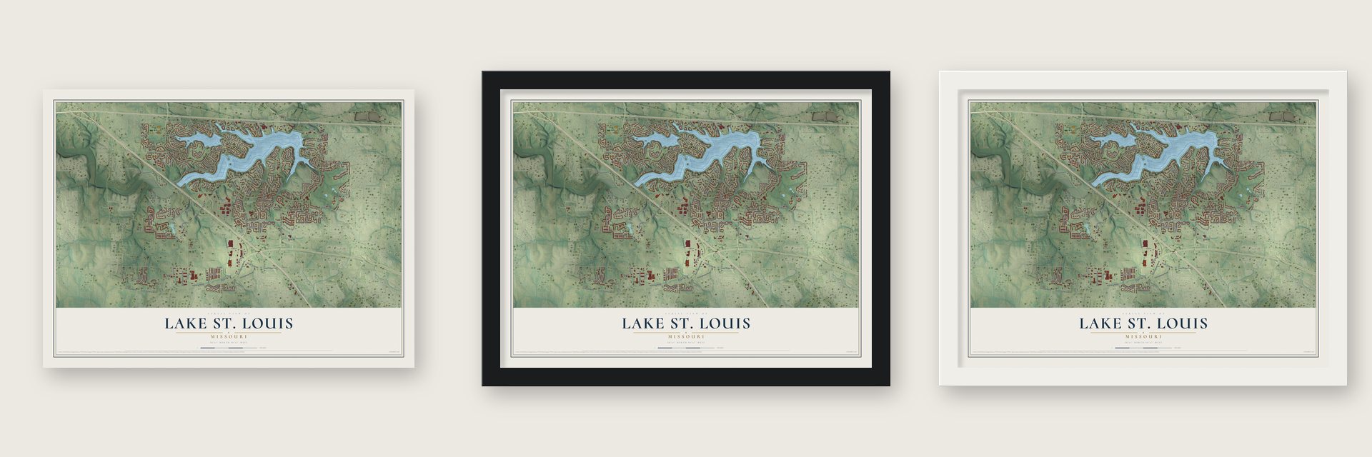 Lake St. Louis, Missouri map unframed, in a black wood frame and in a white wood frame