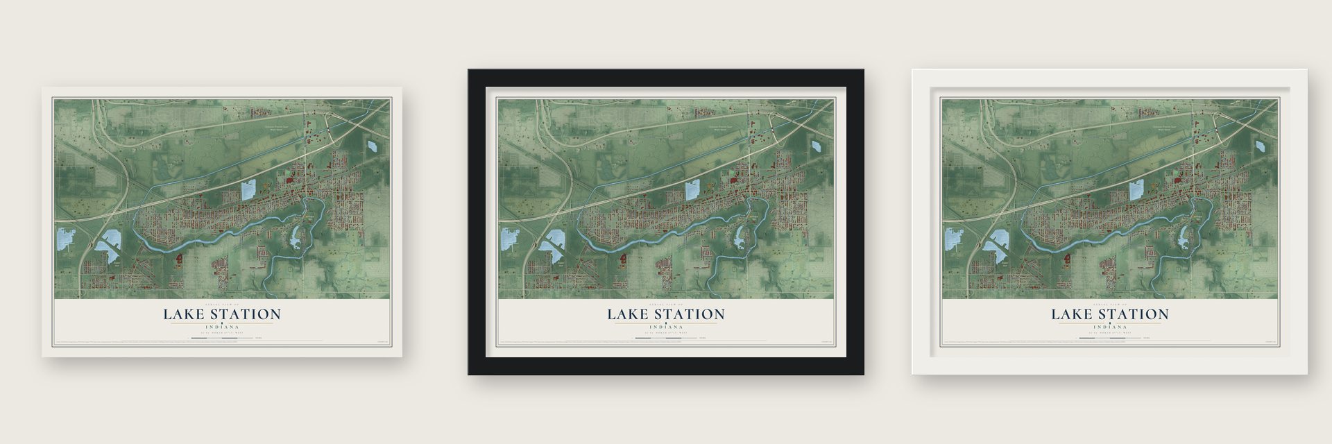 Lake Station, Indiana map unframed, in a black wood frame and in a white wood frame