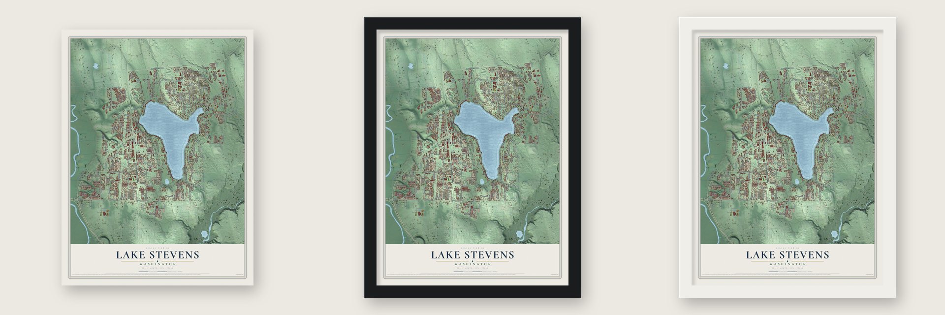 Lake Stevens, Washington map unframed, in a black wood frame and in a white wood frame