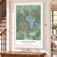 Lake Stevens, Washington map, 24 x 36 inch print in a white frame by a staircase