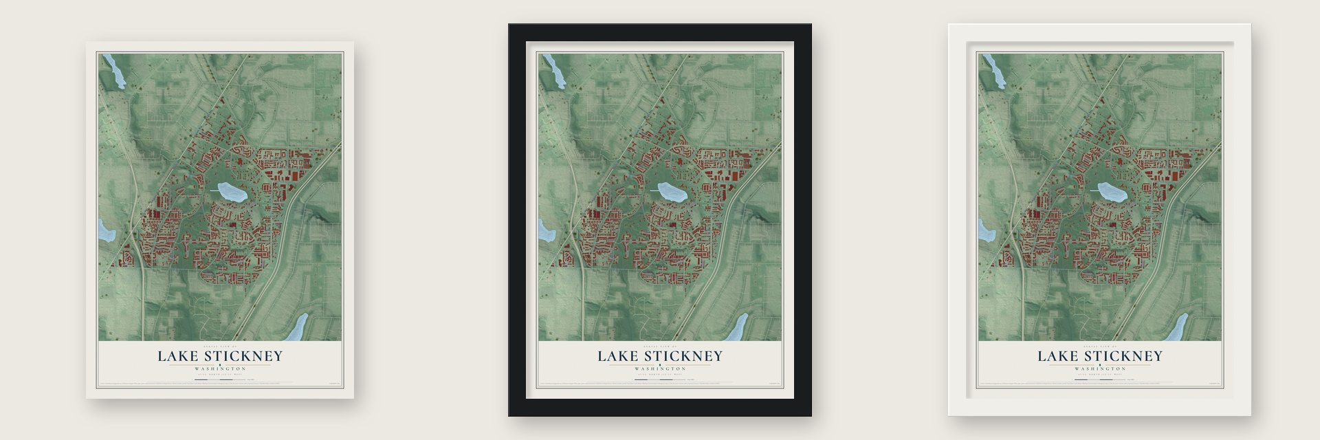 Lake Stickney, Washington map unframed, in a black wood frame and in a white wood frame