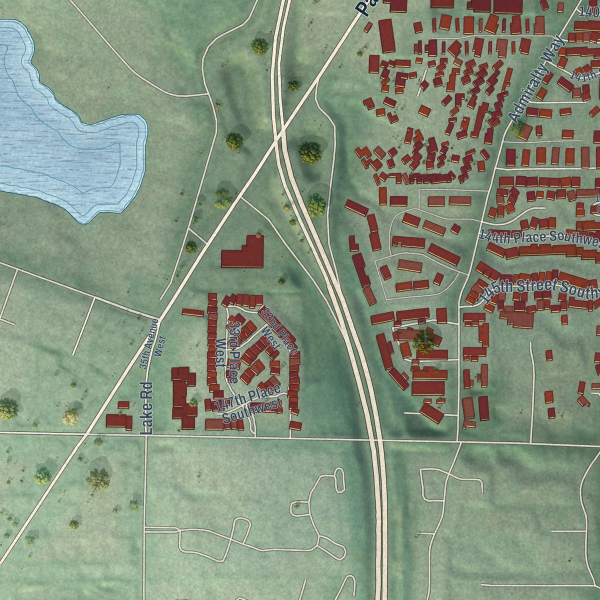 Second close-up of the map of Lake Stickney, Washington print showing more streets and buildings