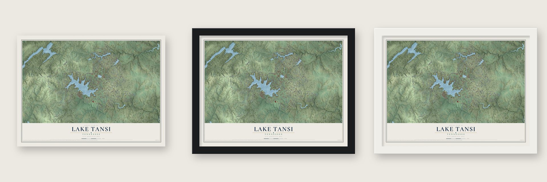 Lake Tansi, Tennessee map unframed, in a black wood frame and in a white wood frame