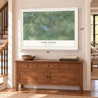 Lake Tansi, Tennessee map, 24 x 36 inch print in a white frame above a dresser by a staircase